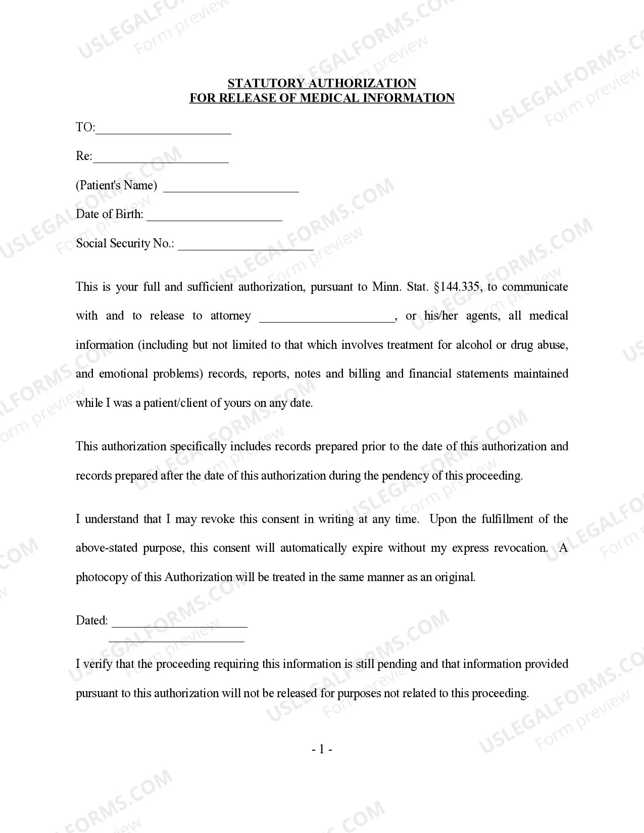 Minnesota Statutory Authorization for Release of Medical Information