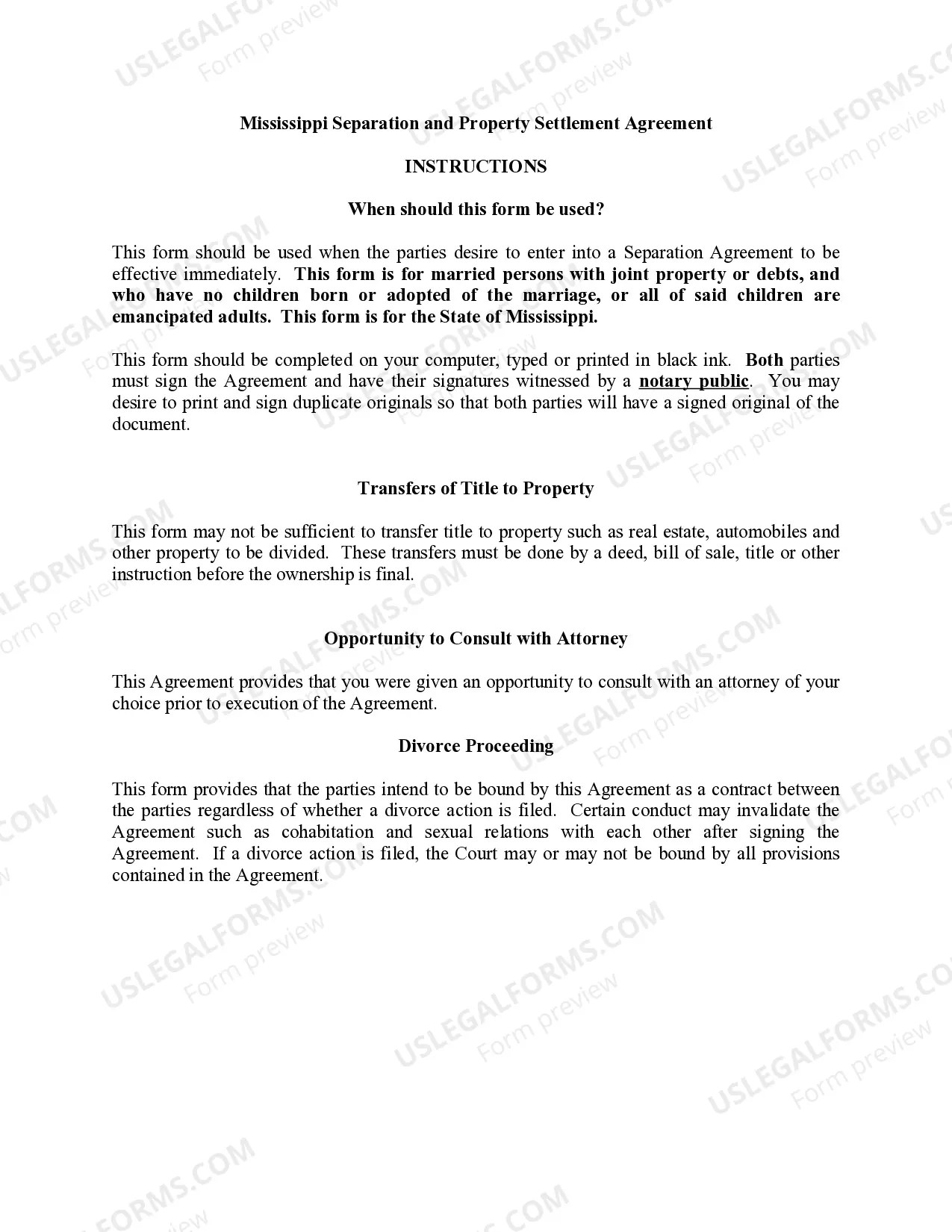 Mississippi Separation and Property Settlement Agreement Settlement Agreement Form Contract