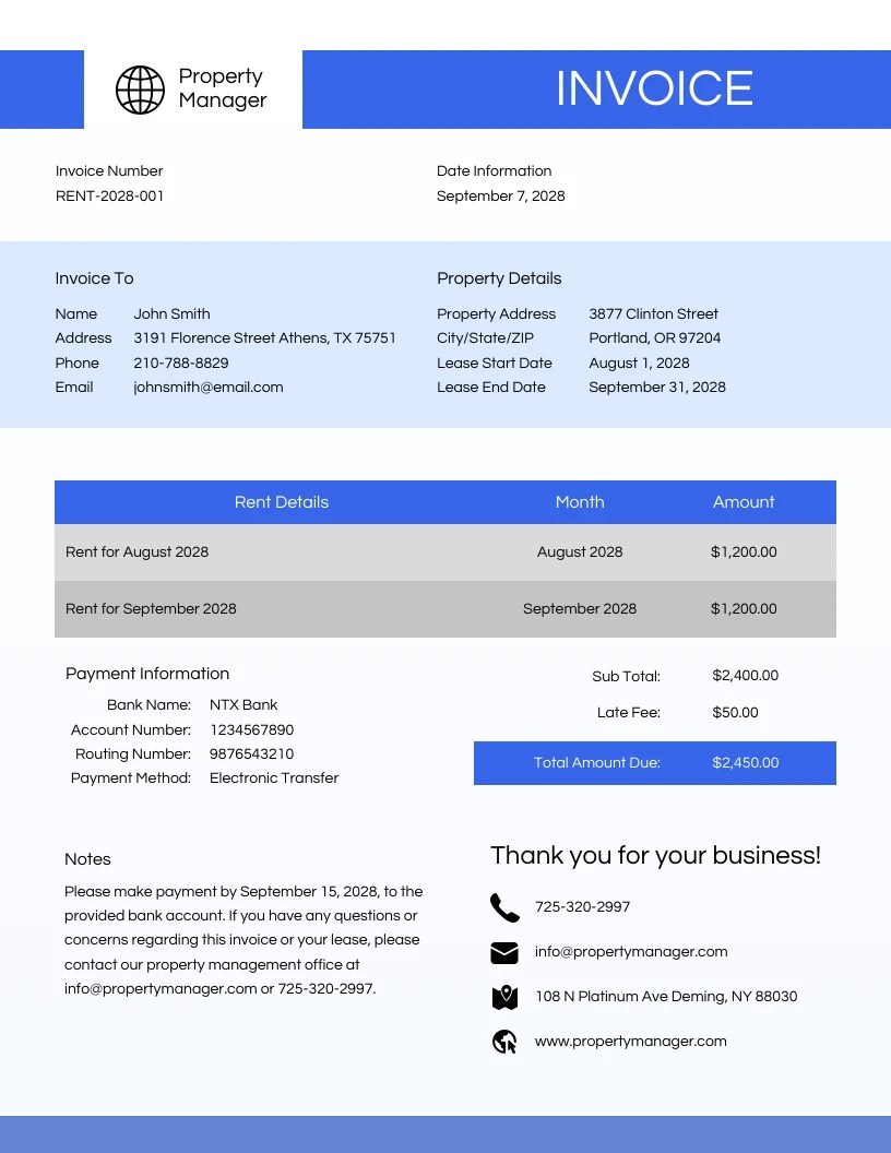 Blue Rental Property Manager Invoice Template Venngage