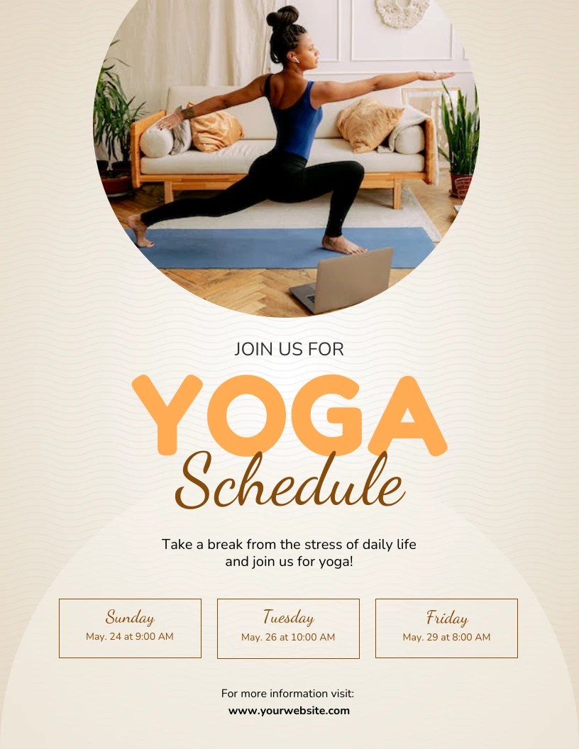 Cream Yoga Schedule Flyer Template Venngage