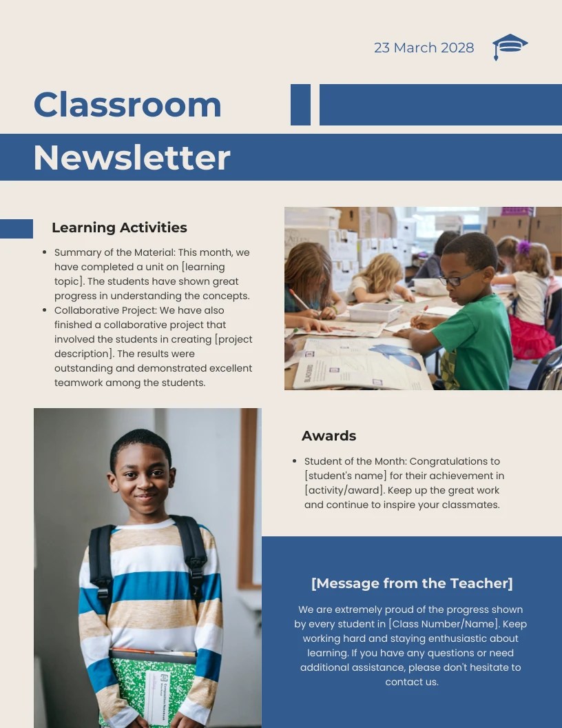 Cream Blue Modern Design Classroom Newsletter Template Venngage