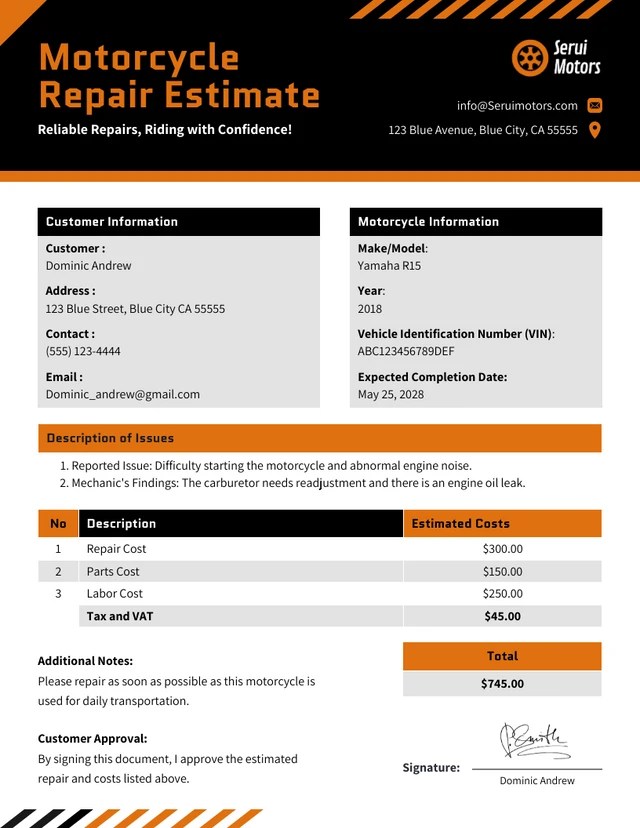 Motorcycle Repair Estimate Template Venngage