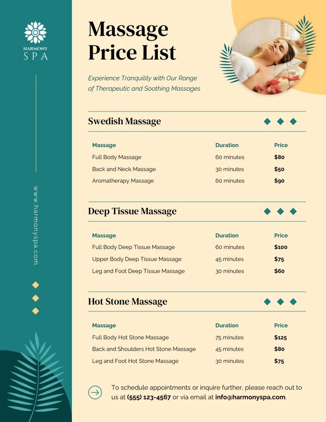 Massage Price List Template Venngage