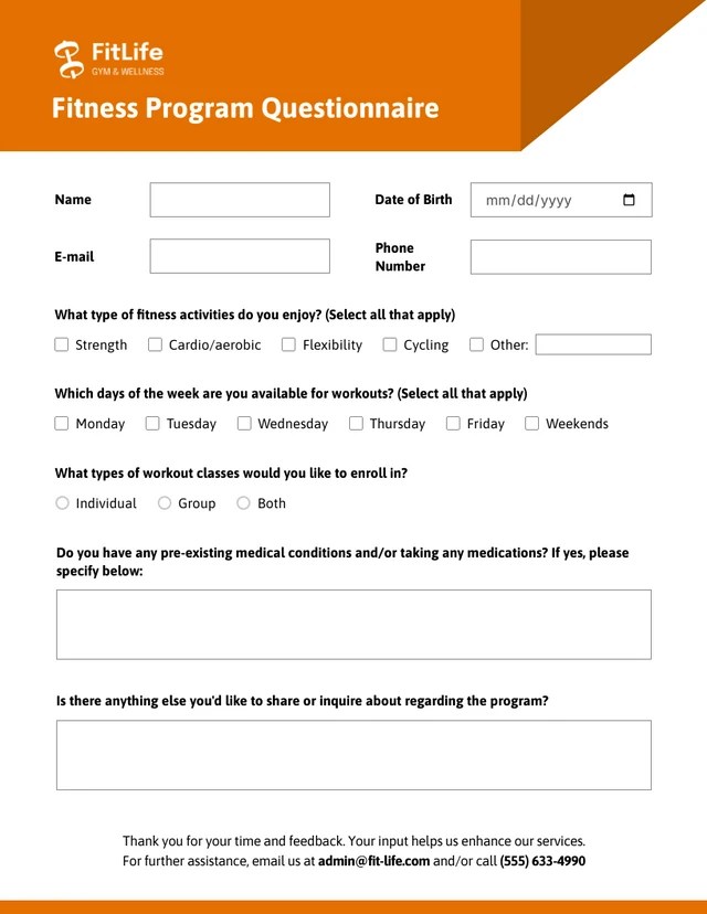 Fitness Program Questionnaire Form Template Venngage