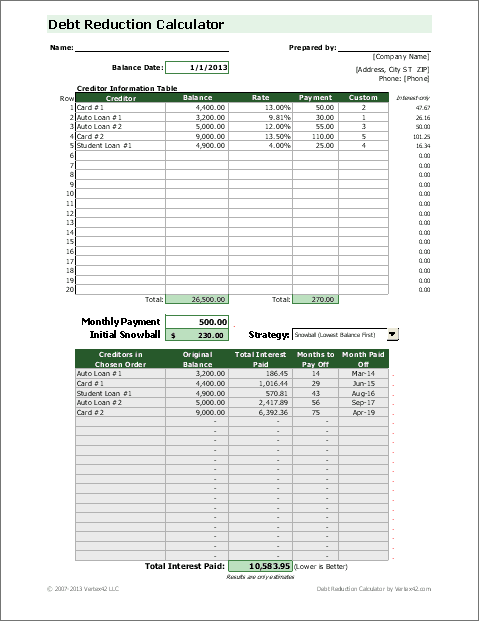 Debt Reduction Calculator | Debt Snowball Calculator