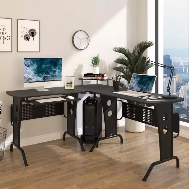 LShaped Corner Computer Office Desk Workstation with Elevated
