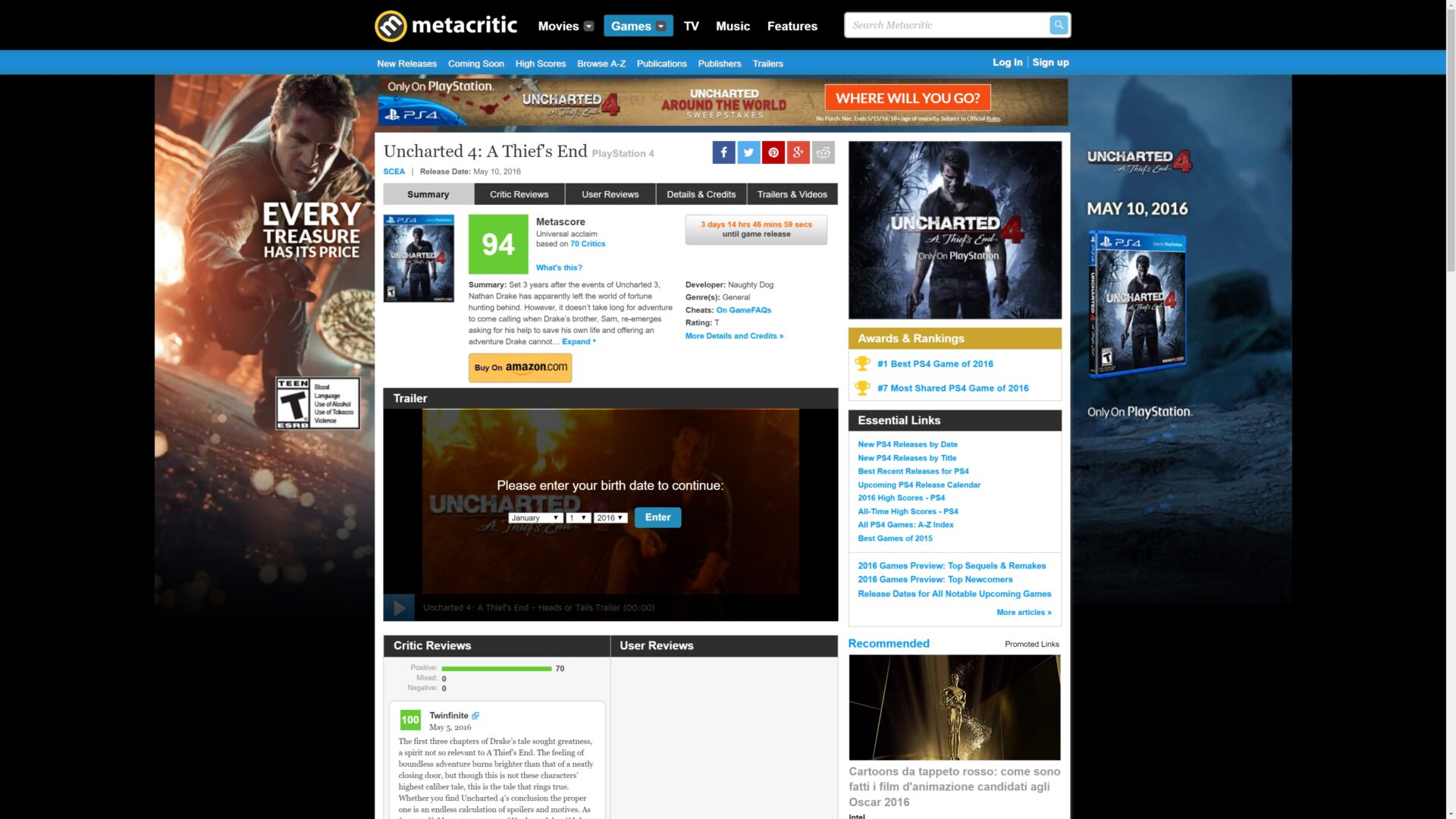 Uncharted 4 Is The Highest Rated Game of This Generation According To