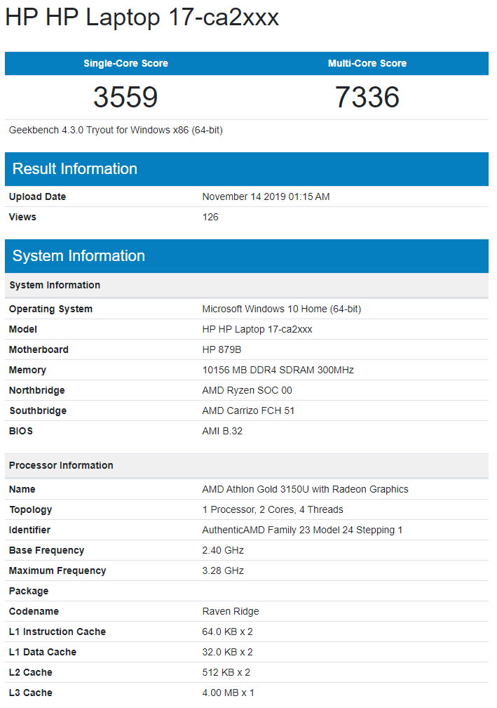 AMD Athlon Gold 3150U Dual Core CPU Spotted In GeekBench