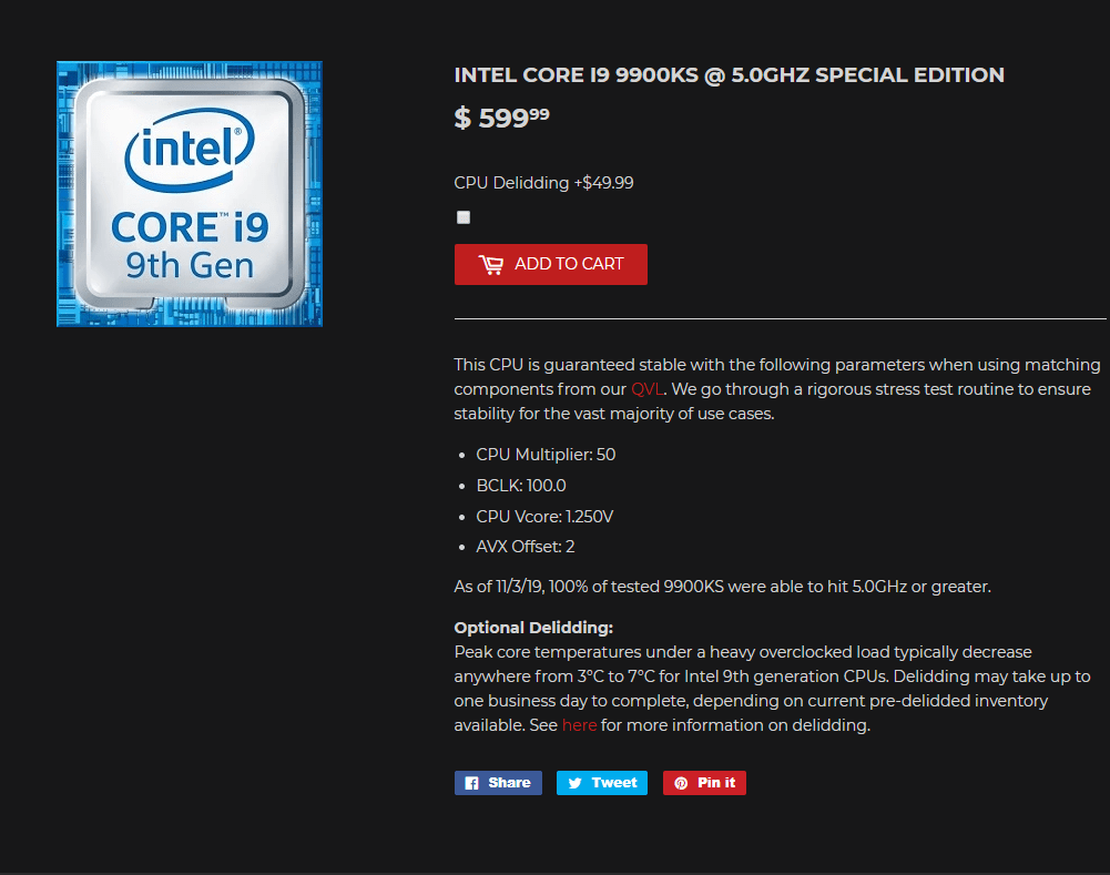 Intel Core i99900KS 5.2 GHz CPU Available on Silicon