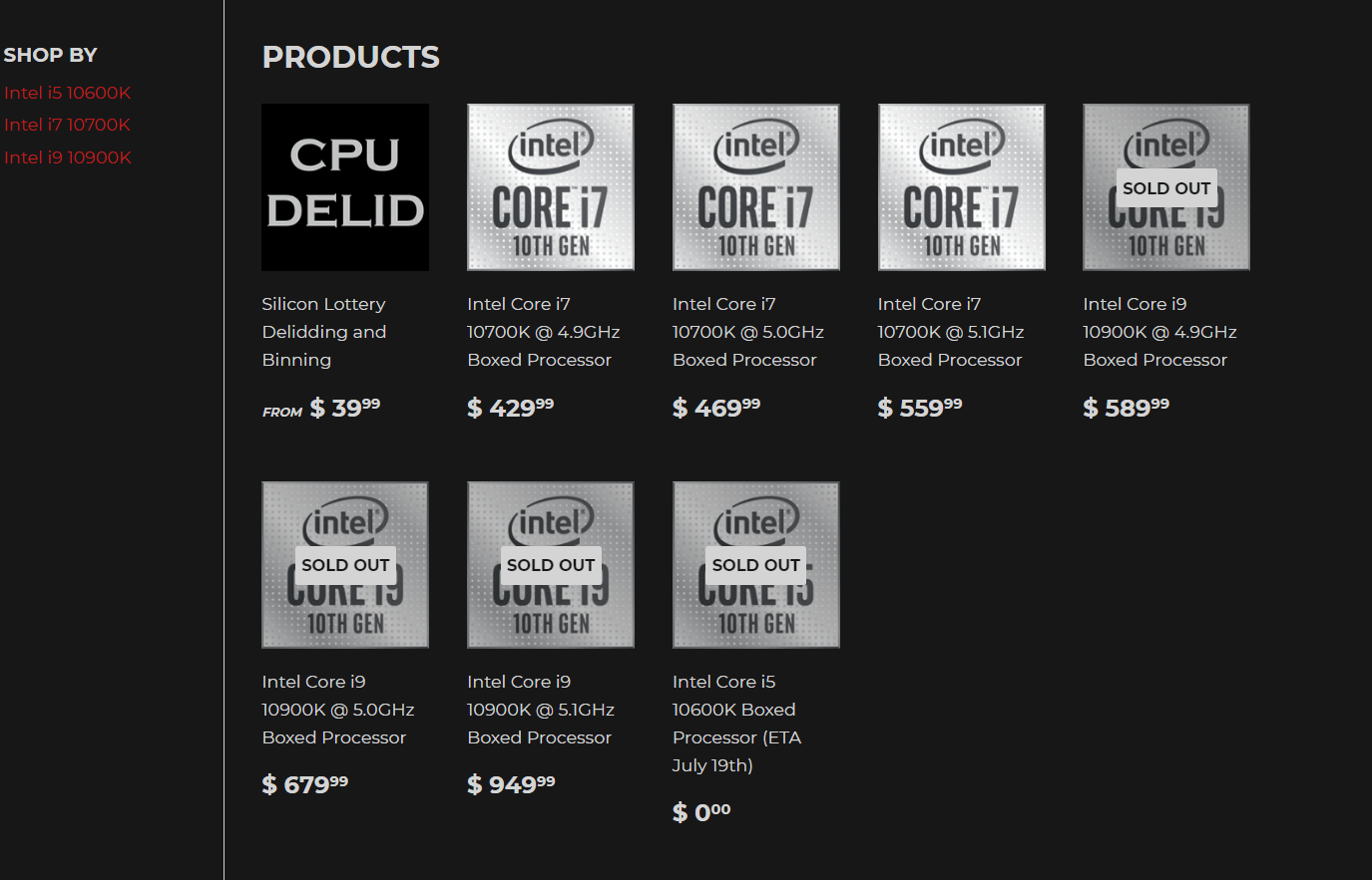 Intel Comet LakeS Core i910900K & Core i710700K CPUs
