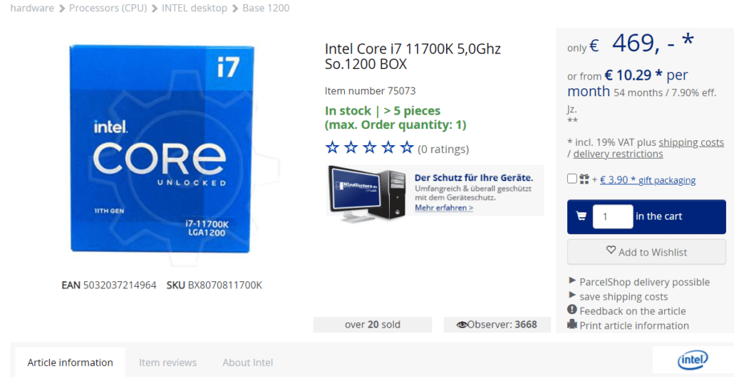 Intel Core i711700K 8 Core Rocket Lake CPU Listed For Pre