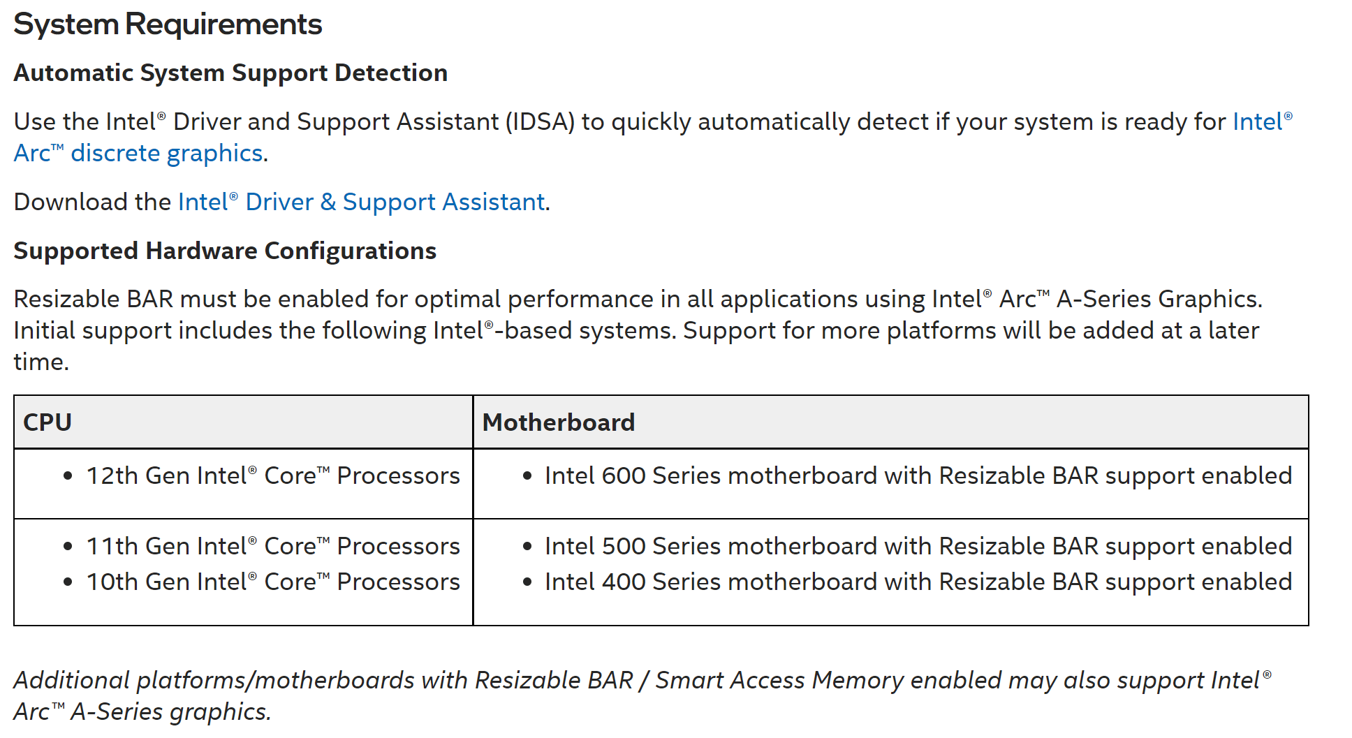Intel Arc Desktop Graphics Card Gets Requirement List Resizable BAR