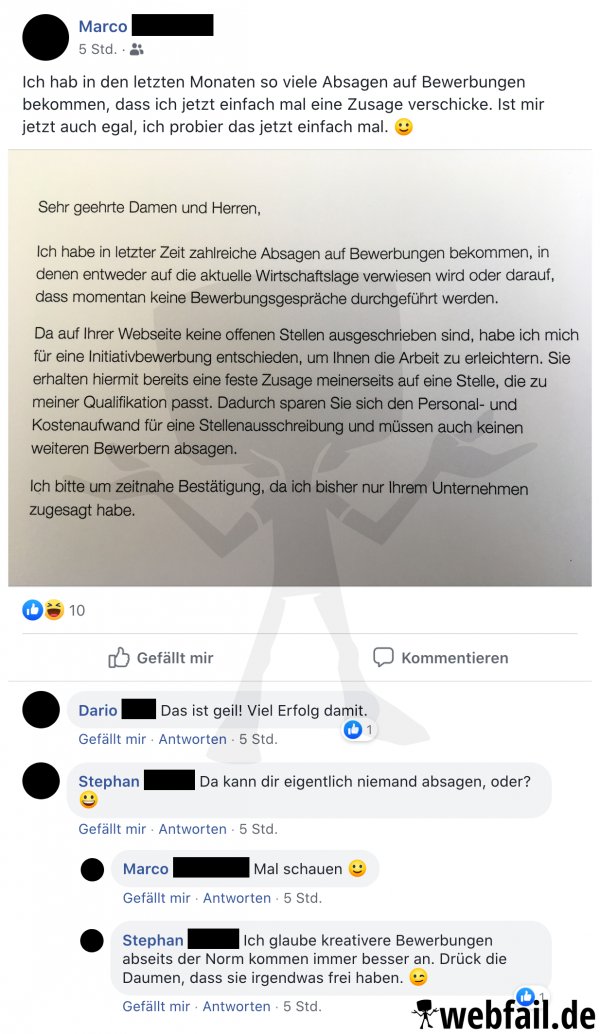 Die Zusage bei einer Bewerbung Facebook Win des Tages 24.06.2020
