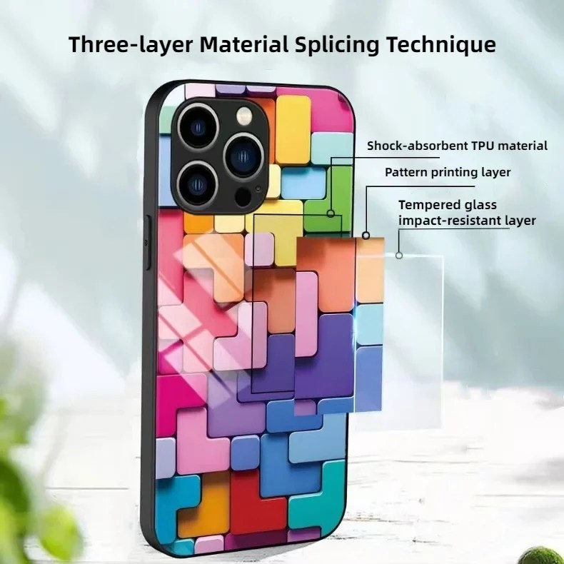 Flat 3D Square Pattern Glass Case Cover Compatible with iPhone