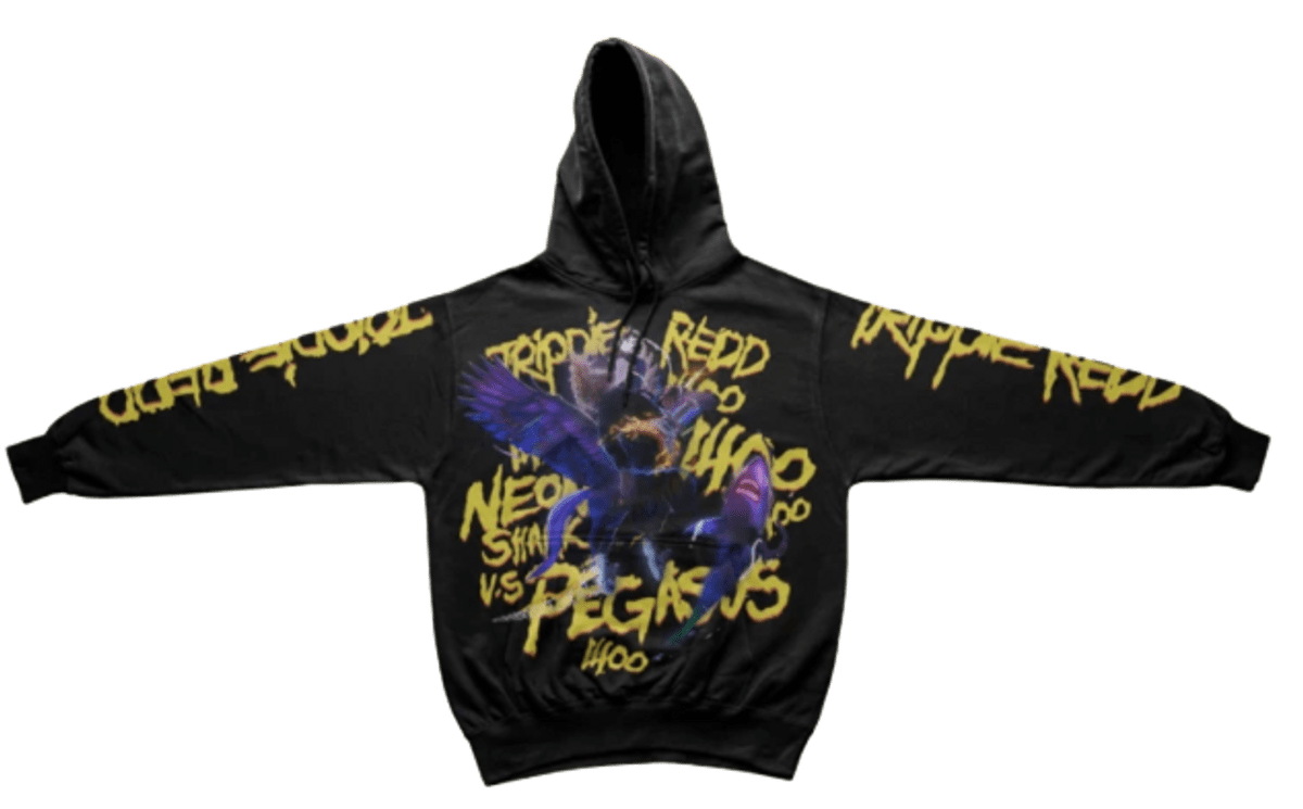 Trippie Redd Merch Neon Shark Vs. Pegasus Black Hoodie WHAT’S ON THE