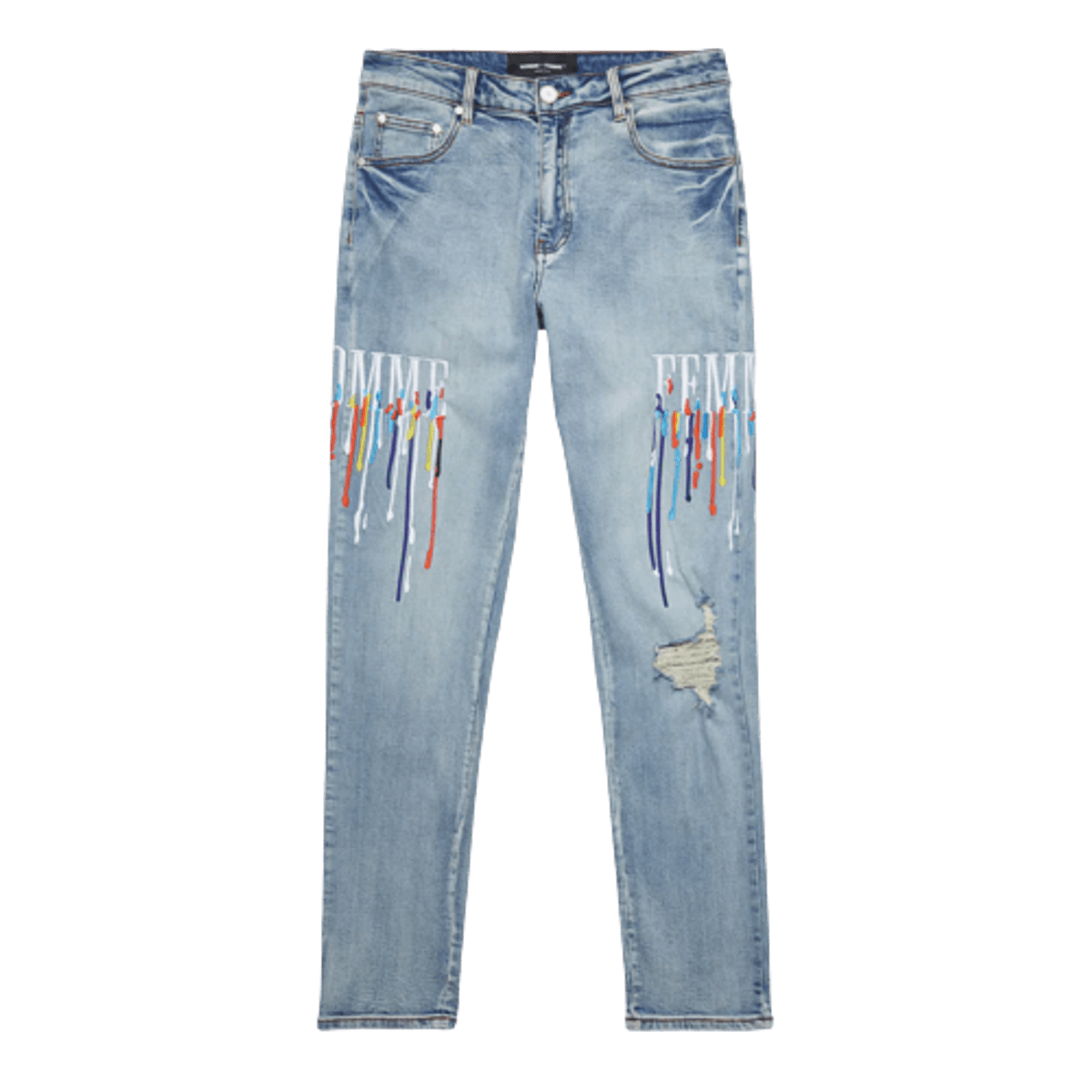 Homme + Femme Blue Letterman Drip Denim Jeans WHAT’S ON THE STAR?