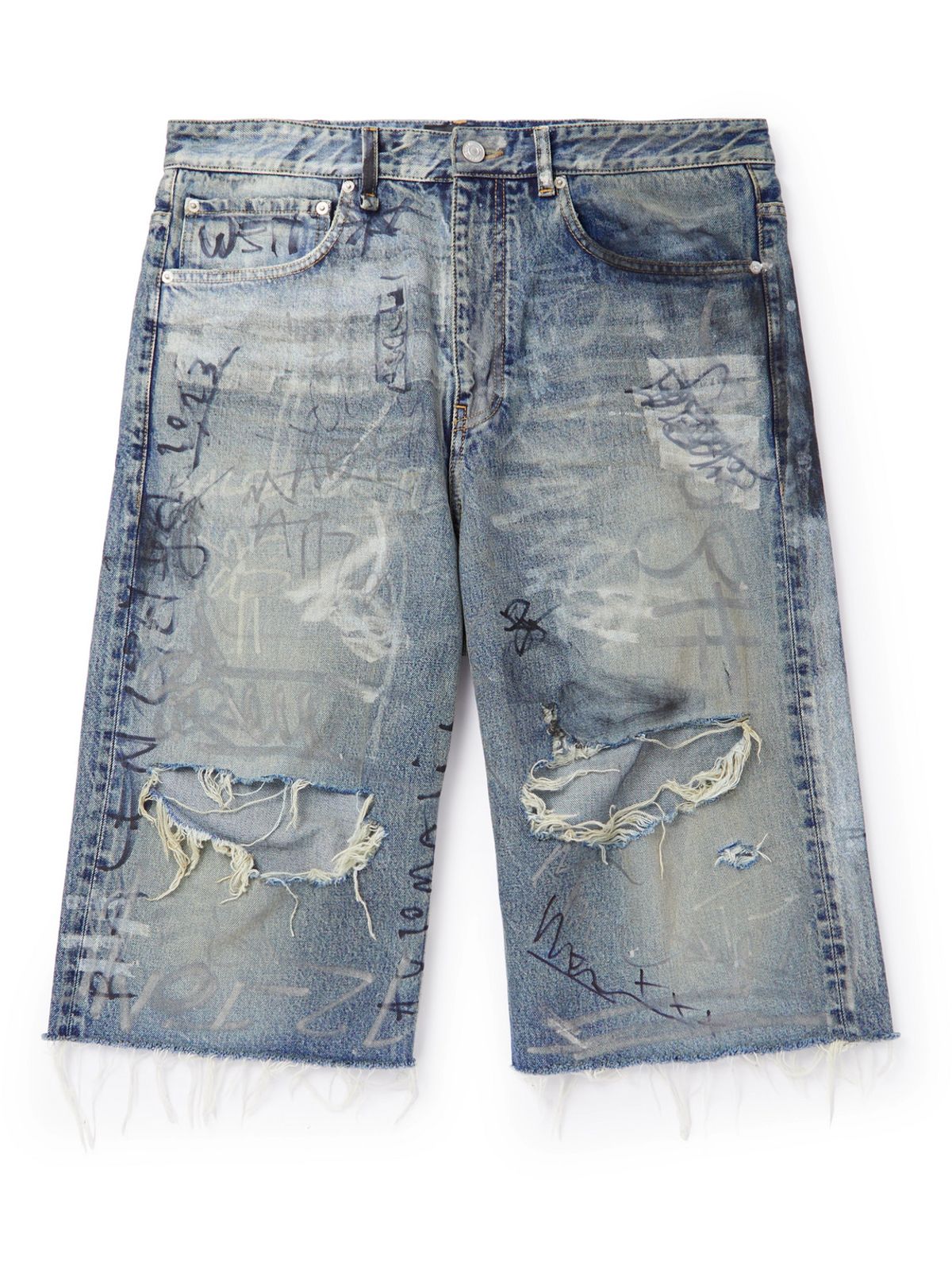 Balenciaga Straightleg Distressed Printed Denim Shorts In Blue WHAT