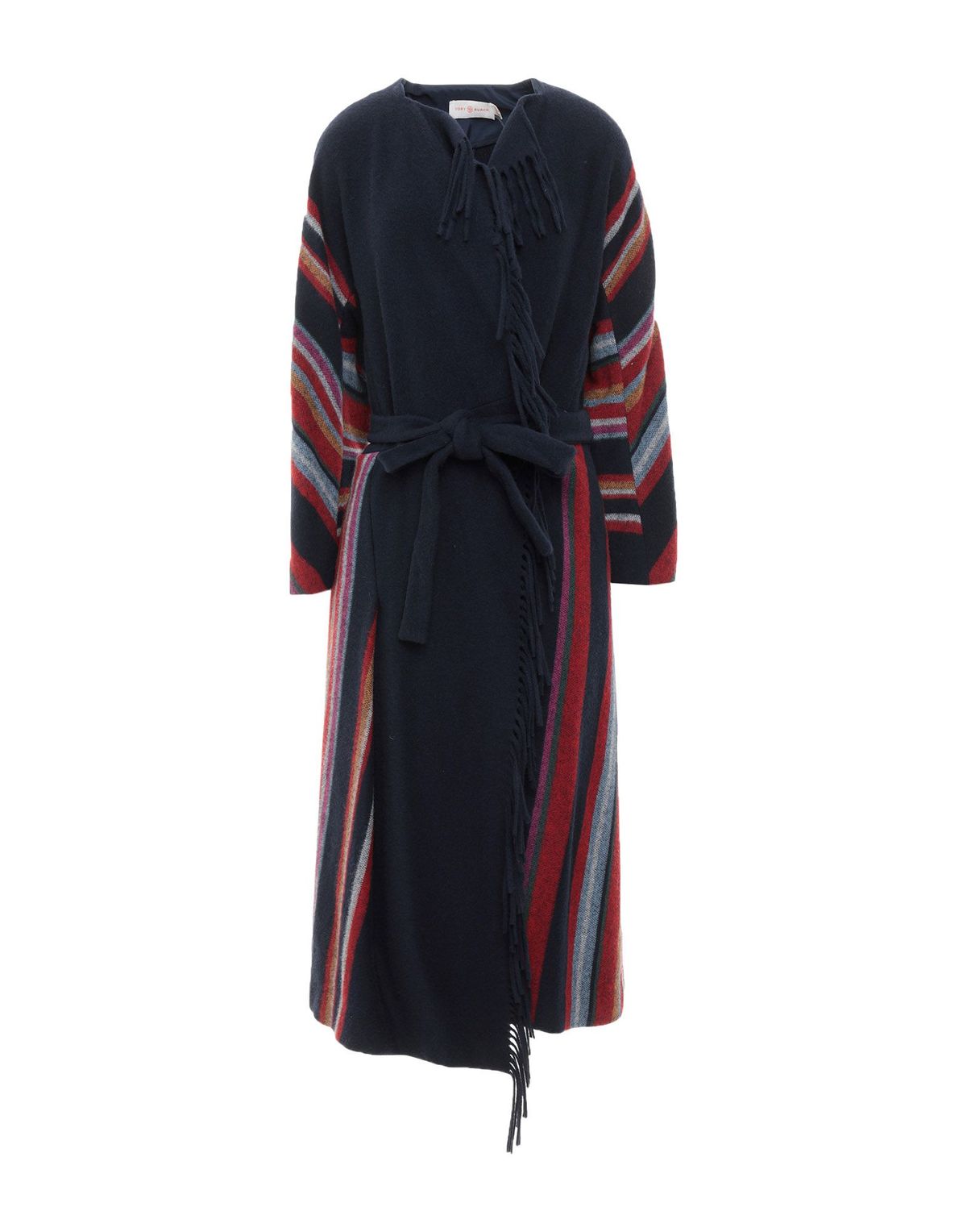 Tory Burch Belted Fringetrimmed Striped Wool Coat In Navy WHAT’S ON