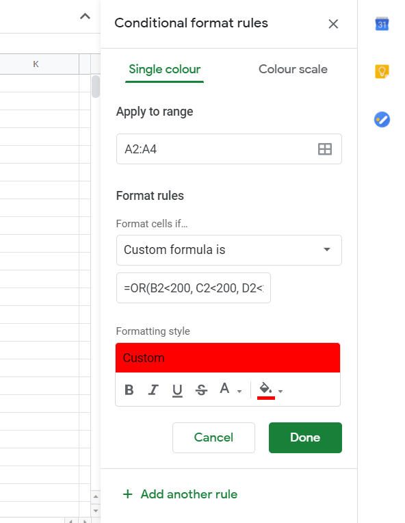 Conditional formatting based on another cell [Google Sheets]