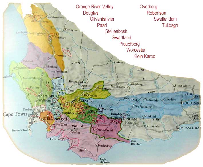 Karta Sydafrika Vindistrikt Vindistrikt i Sydafrika + karta winesworld.se
