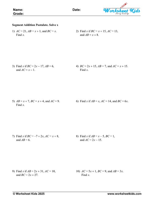 Segment Addition Postulate Worksheets with Answer Keys | Free PDF