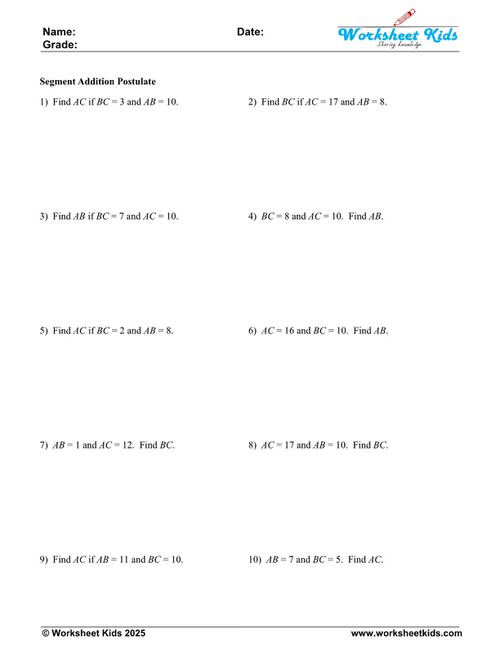 Segment Addition Postulate Worksheets with Answer Keys | Free PDF
