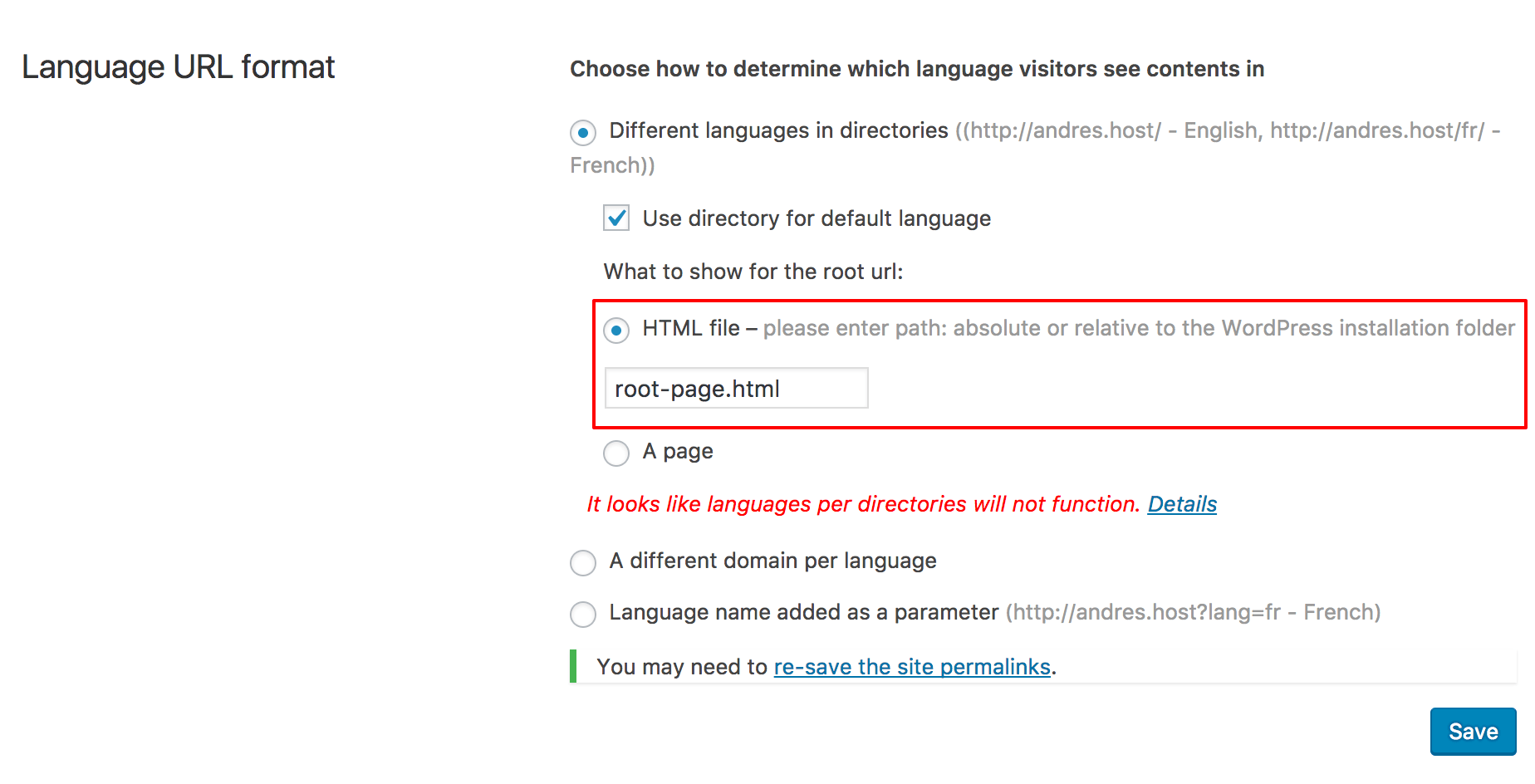 Répertoire des langues pour la langue par défaut - WPML