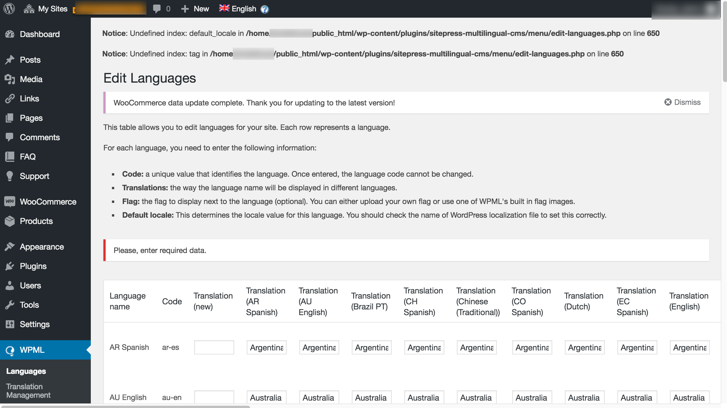 Notice Undefined index default_locale when trying to save language WPML