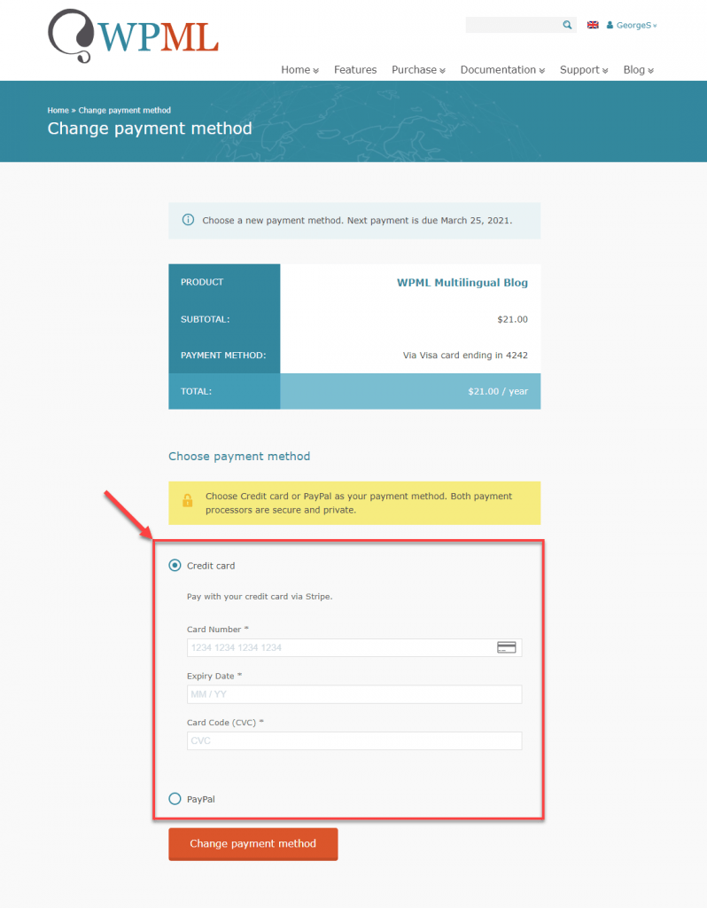 How to change your payment method WPML
