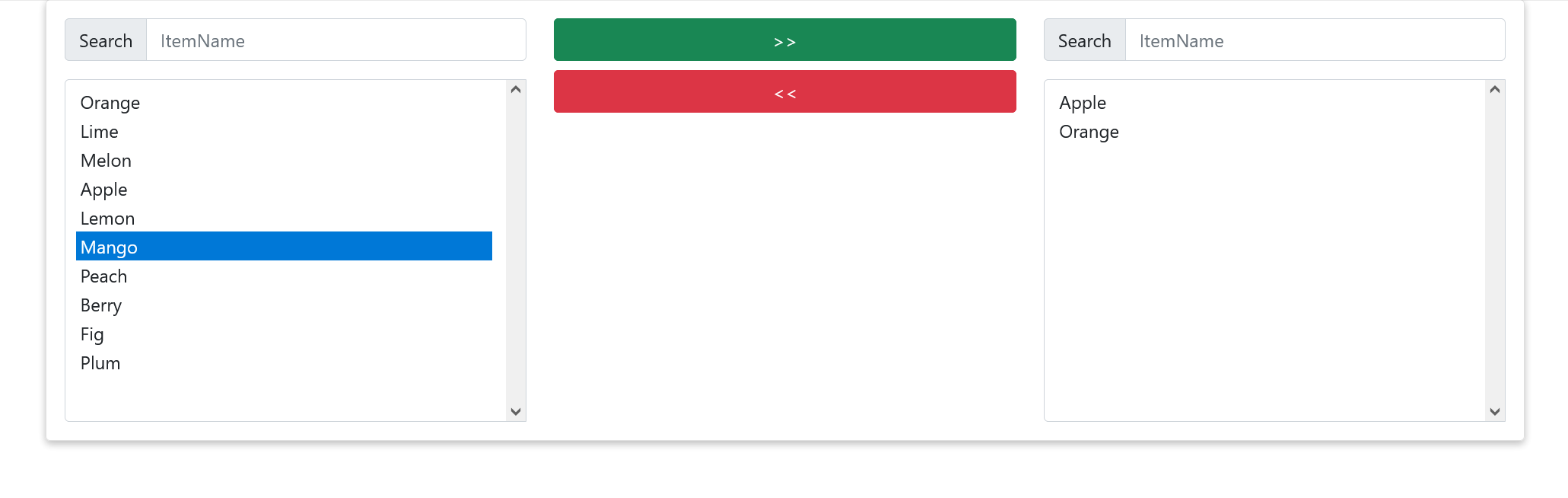 Javascript list builder and transfer with multiselect input