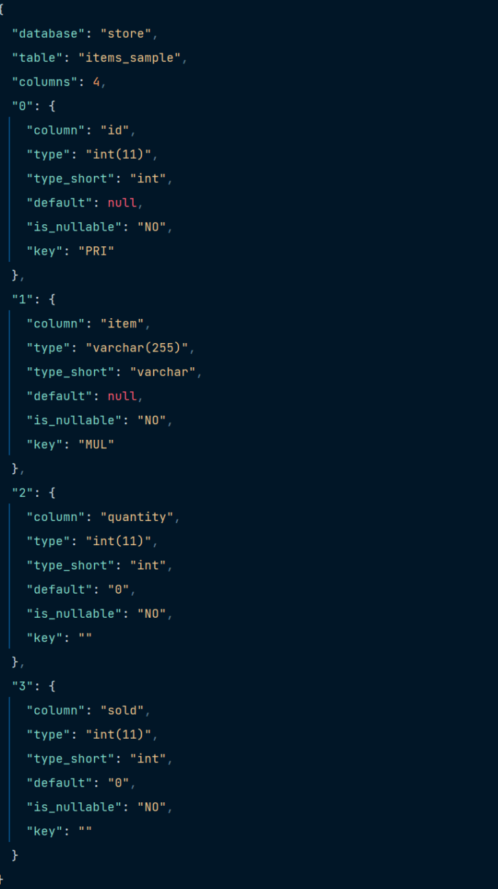 Getting MySQL table column names, types and more as JSON