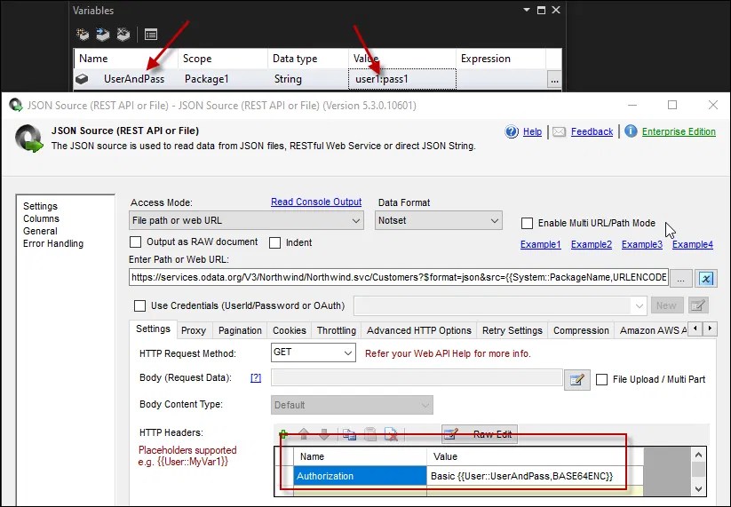 Calling REST API in SSIS with Basic Authentication / UseridPassword