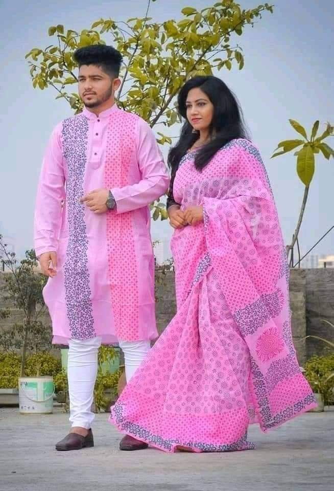 Printed Couple Punjabi and Saree Set, gift item for couple, matching