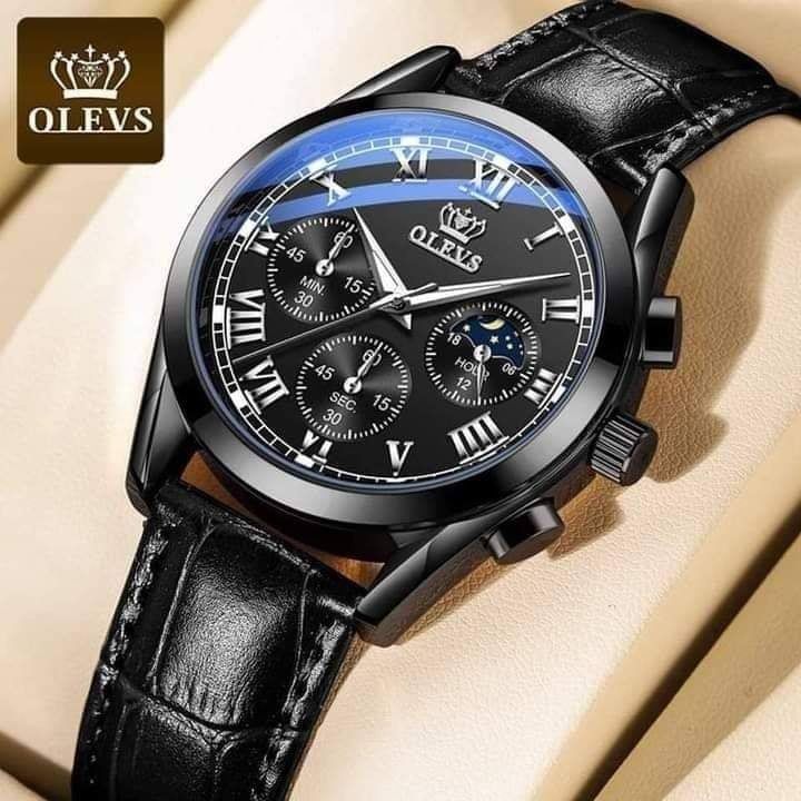 OLEVS Leather Band Mens Fashion Wrist WatchBlack Dial. zDrop