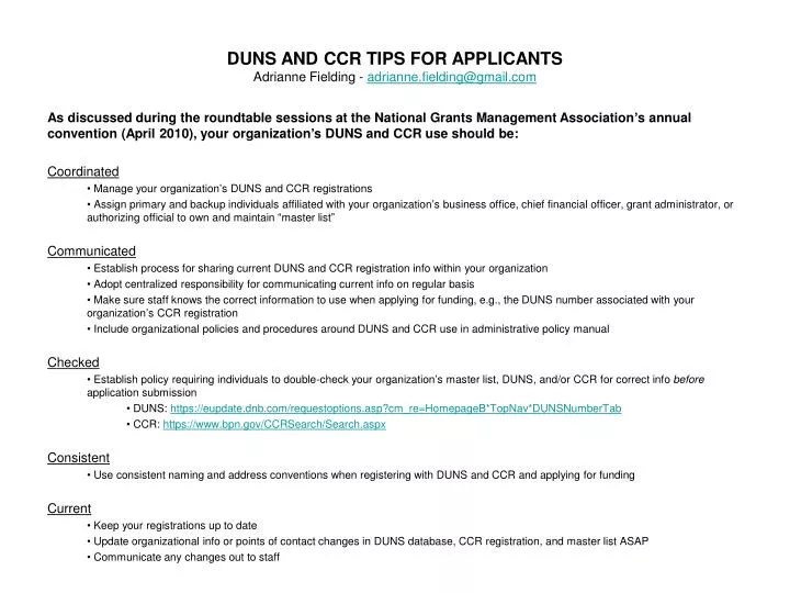 PPT DUNS AND CCR TIPS FOR APPLICANTS Adrianne Fielding adrianne