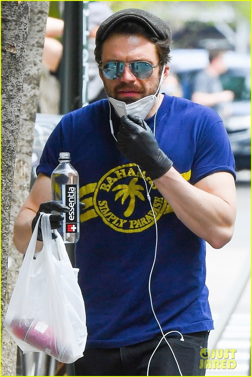 Sebastian Stan Grabs Essentials in a Mask & Gloves in NYC Amid Pandemic