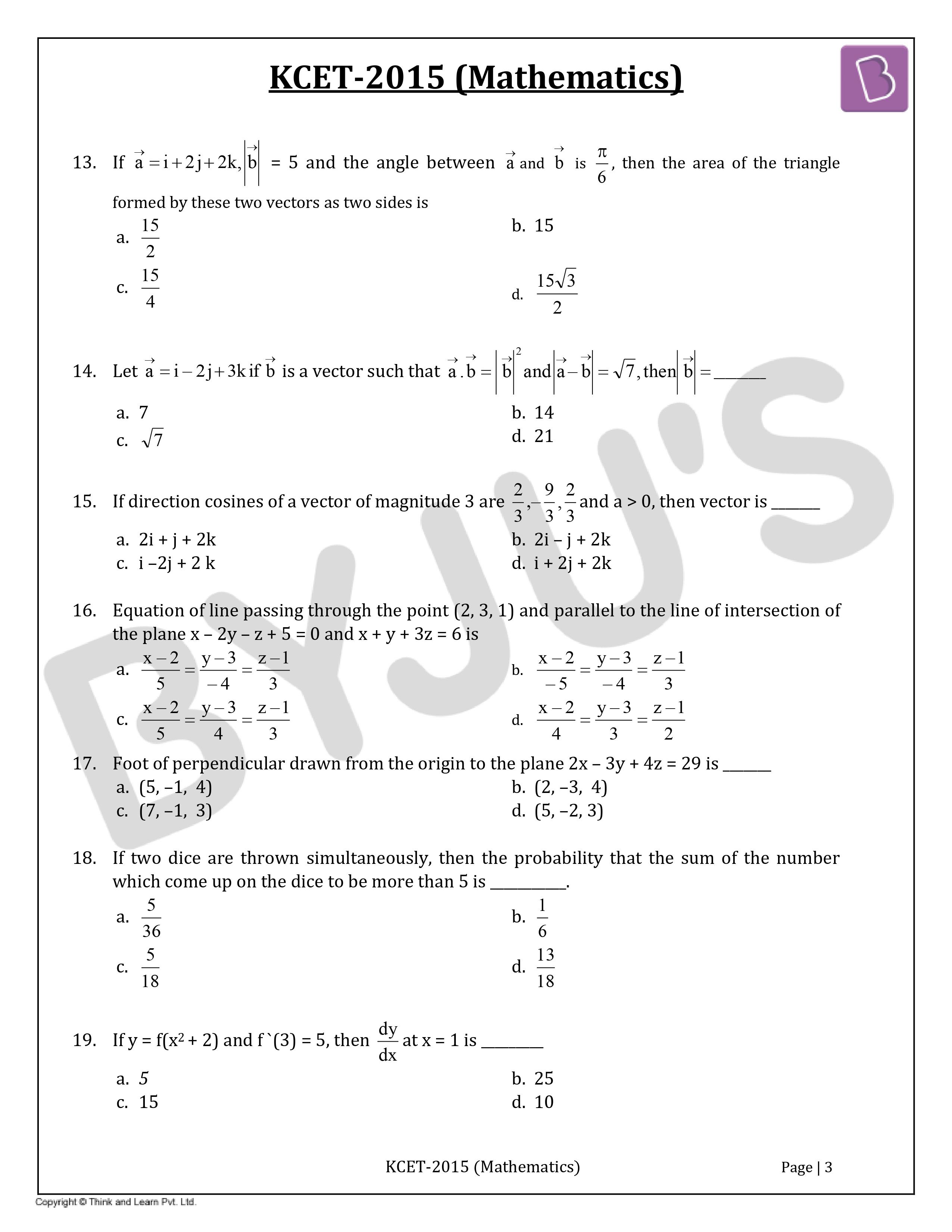 KCET 2015 Maths Question Paper with Solutions Download PDF