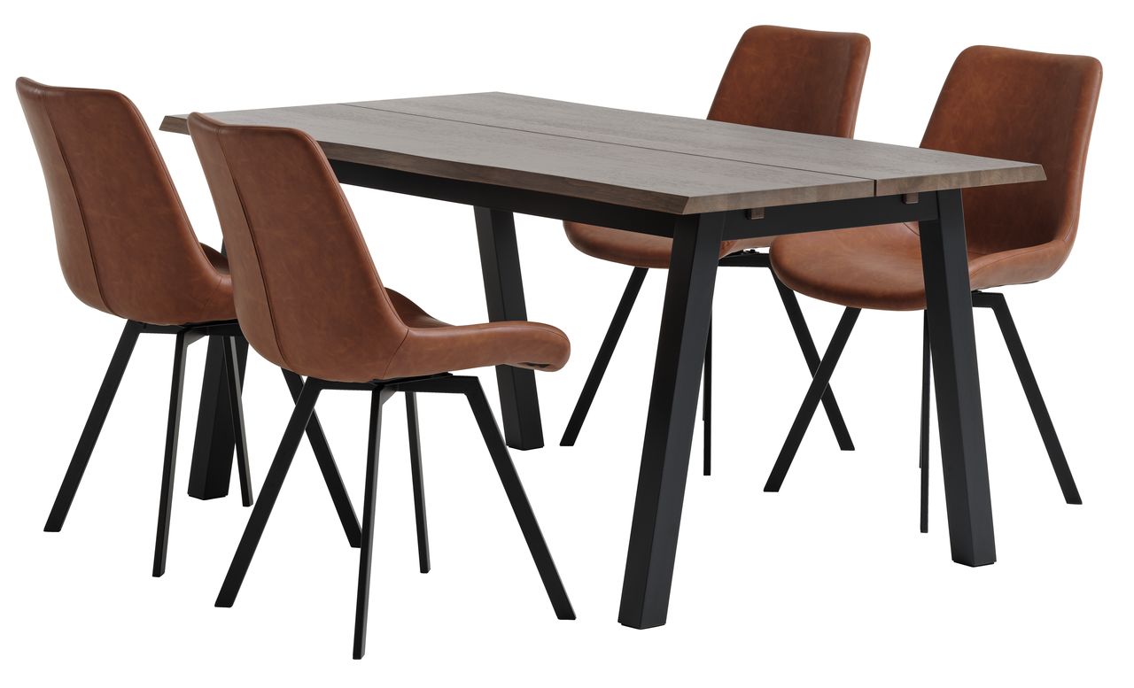 SKOVLUNDE L160 table dark oak + 4 HYGUM chairs cognac JYSK