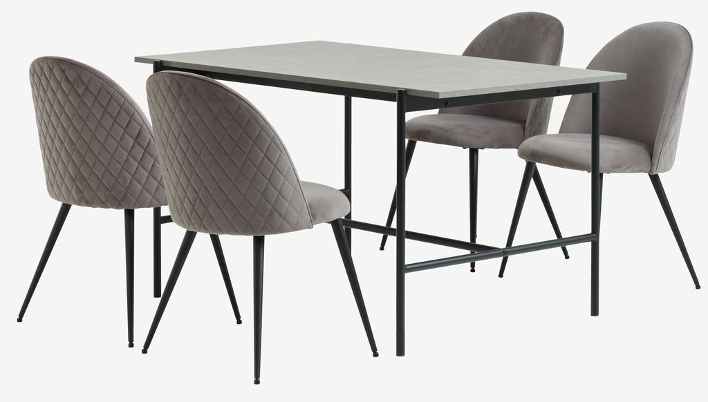 TERSLEV L140 table + 4 KOKKEDAL chairs grey velvet JYSK