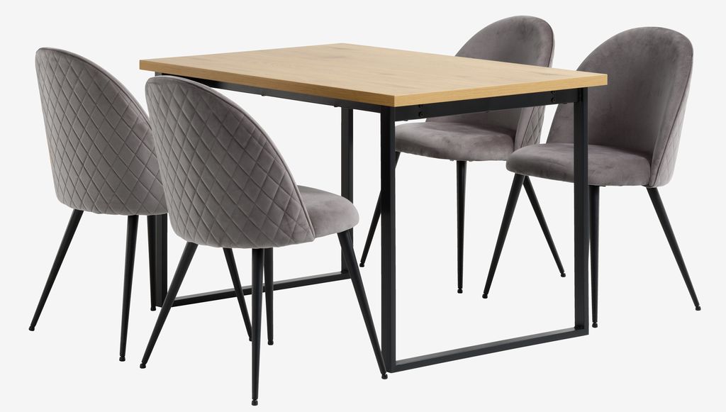 AABENRAA L120 table oak + 4 KOKKEDAL chairs grey velvet JYSK