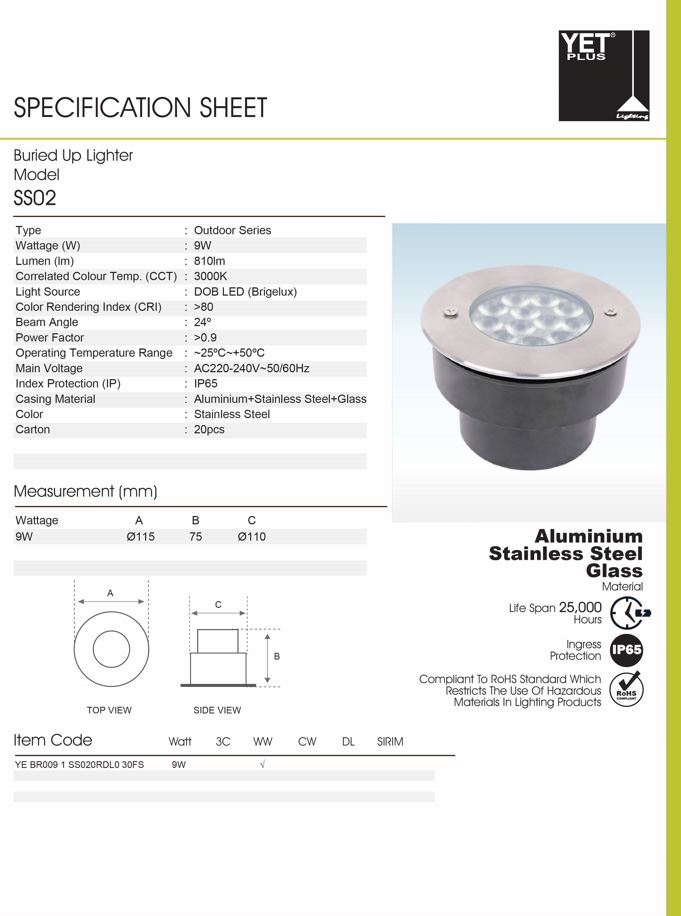 YET OUTDOOR SERIES SS02 9W 810LM IP65 3000K WARM WHITE LED BURIED UP