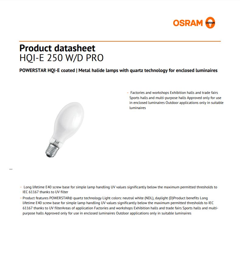 OSRAM HQIE 250W 18000LM W/D E40 METAL HALIDE BULB Kuala Lumpur (KL