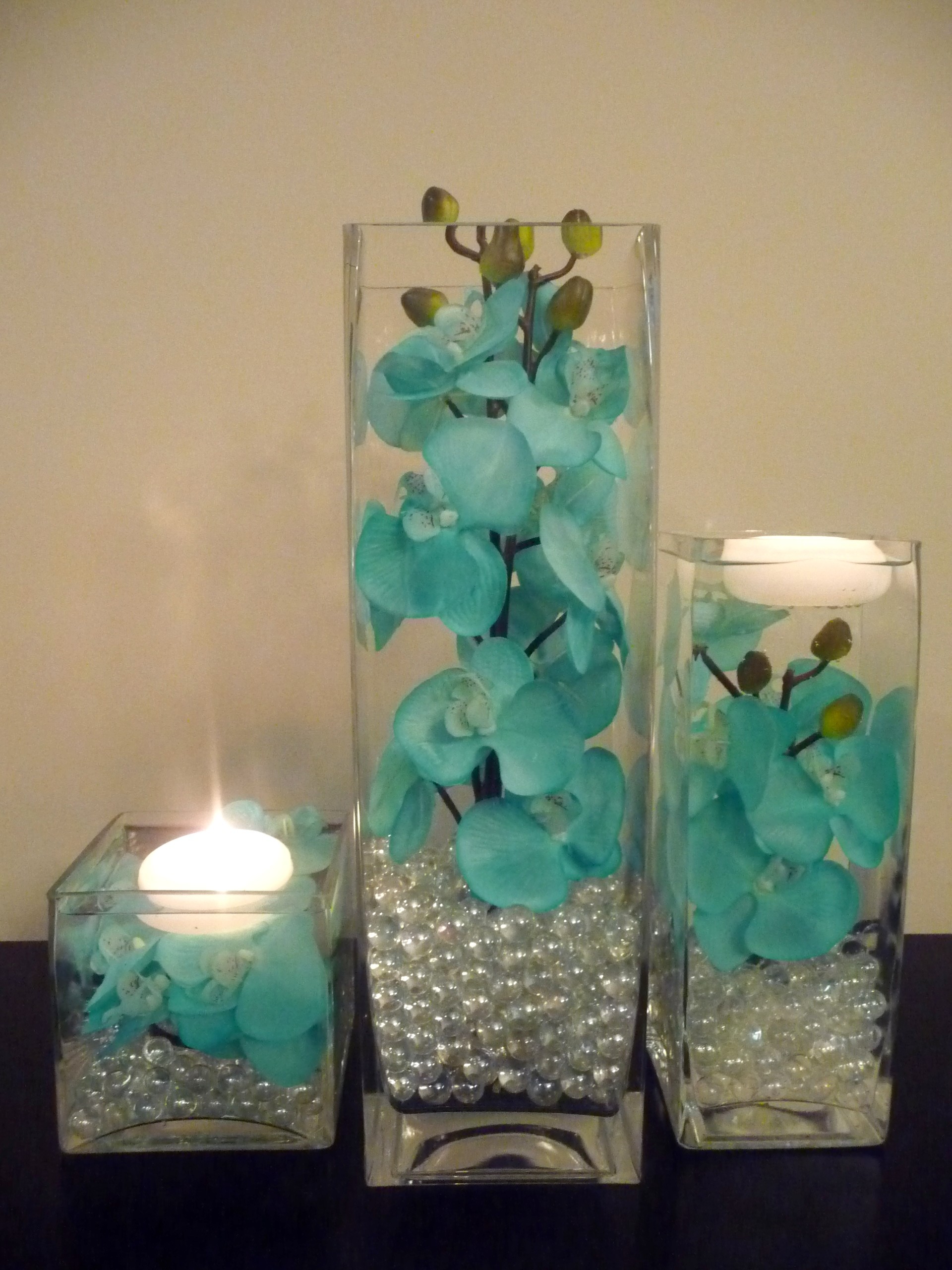 Teal Turquoise hand painted Orchids in 3 Pc Vase and floating candlesvendors Savannah Event