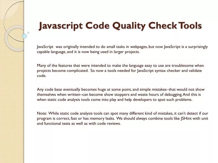 PPT Javascript Code Quality Check Tools PowerPoint Presentation, free