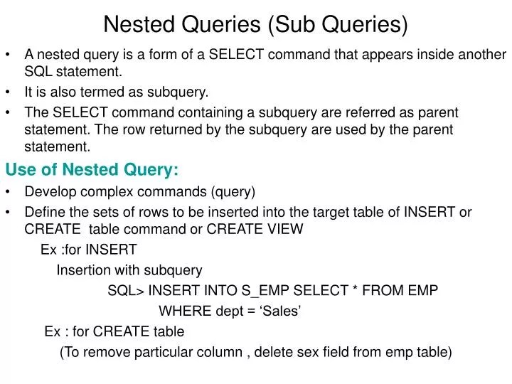 PPT Nested Queries (Sub Queries) PowerPoint Presentation, free