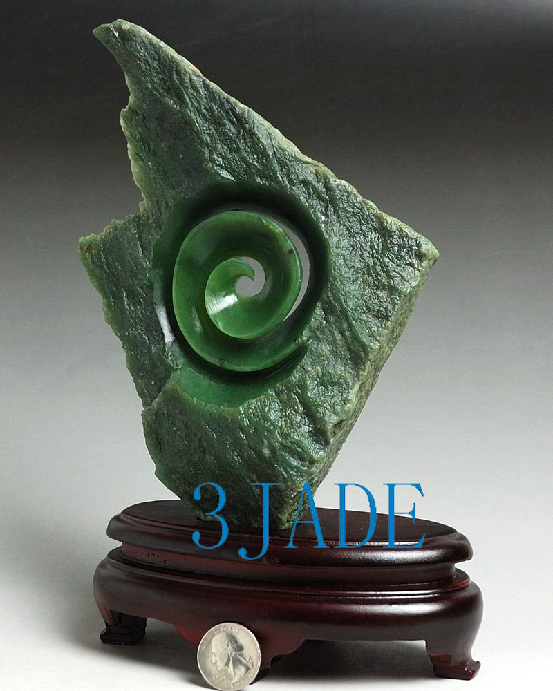 Natural Green Nephrite Jade Pounamu Koru Sculpture New Zealand Maori Style Carving /Art J026085