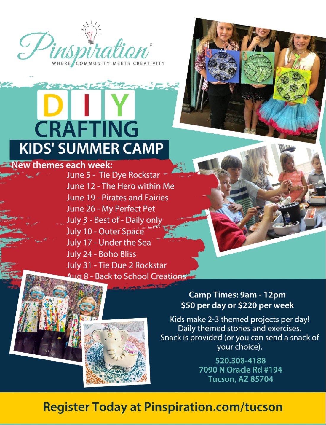 Creative Artist Camp all summer, Pinspiration Tucson, 5 June to 4