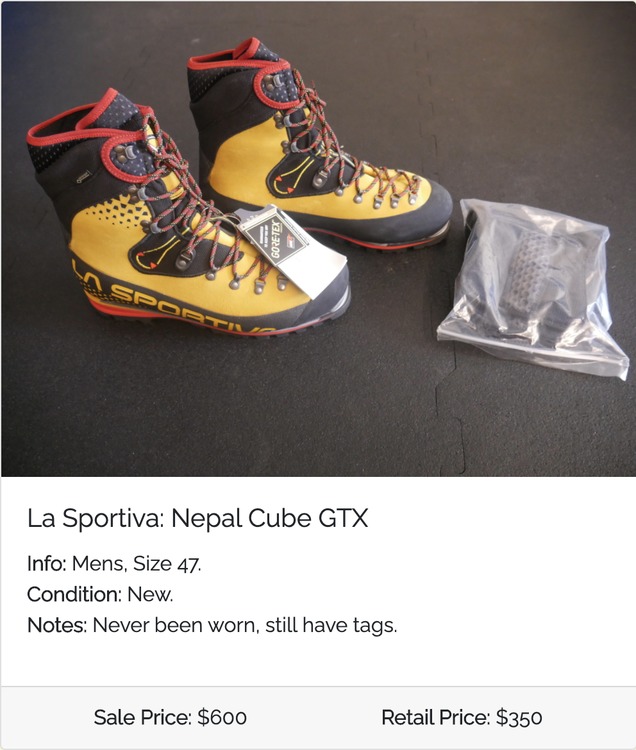 Large climbing and related gear sale for L.A. based climbers.