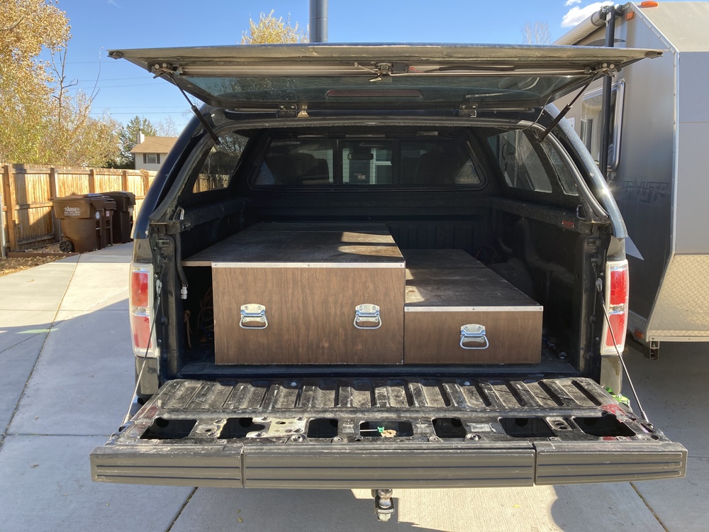 Slide out truck bed drawers for short bed F150. Perfect for gear storage.