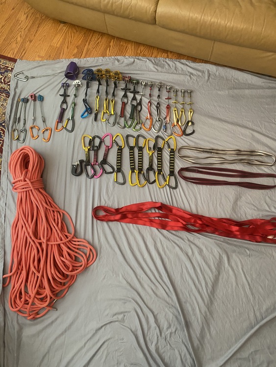 For sale entire rack, brand new petzl rope, quickdraws and slings
